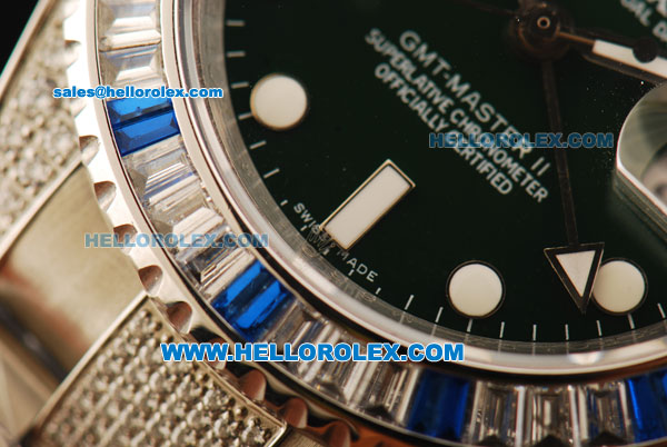 Rolex GMT-Master II Swiss ETA 2836 Automatic Movement Steel Diamond Case and Strap with White Markers and Diamond Bezel - Click Image to Close